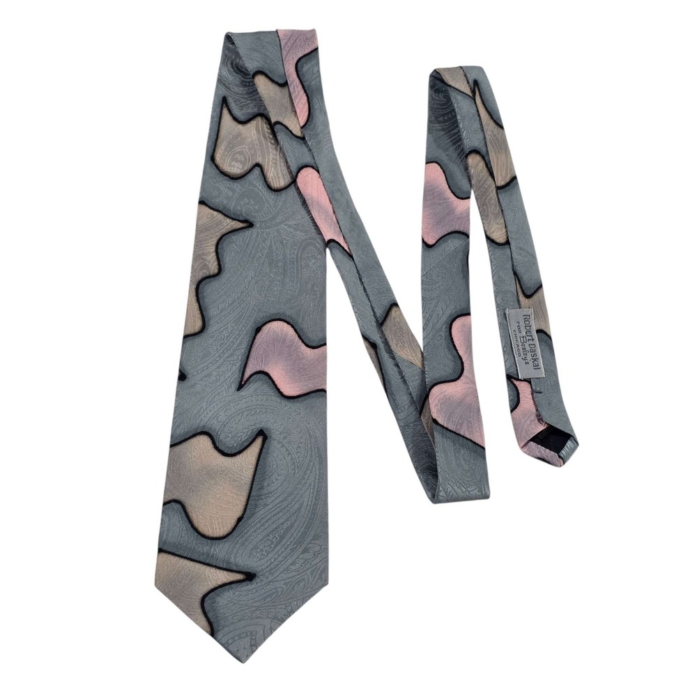 Robert Daskal Hand‎ Painted by Lea Lucibella Silk Tie Blue Pink Gray Paisley
